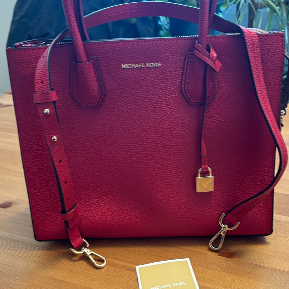Michael Kors Red Pebbled Leather Tote with Gold Hardware